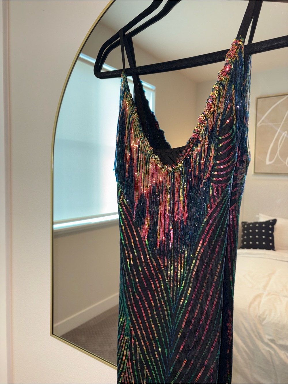 Source Unknown Black Sequin Fringe Mini Dress with Multicolor Accents
